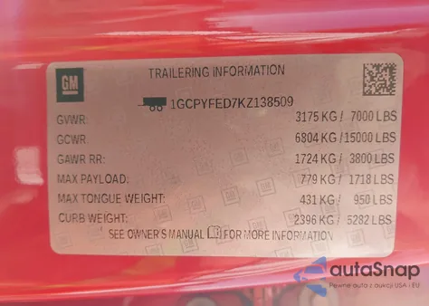 2019 Chevrolet Silverado 1500 Lt Trail Boss z USA, uszkodzony, nr VIN 1GCPYFED7KZ138509